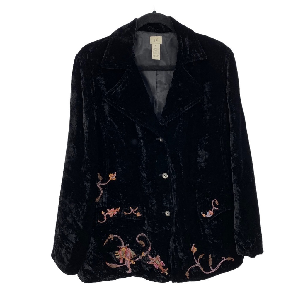 J. Jill Black Crushed Velvet Jacket/Blazer  Women's Size M Embroidered